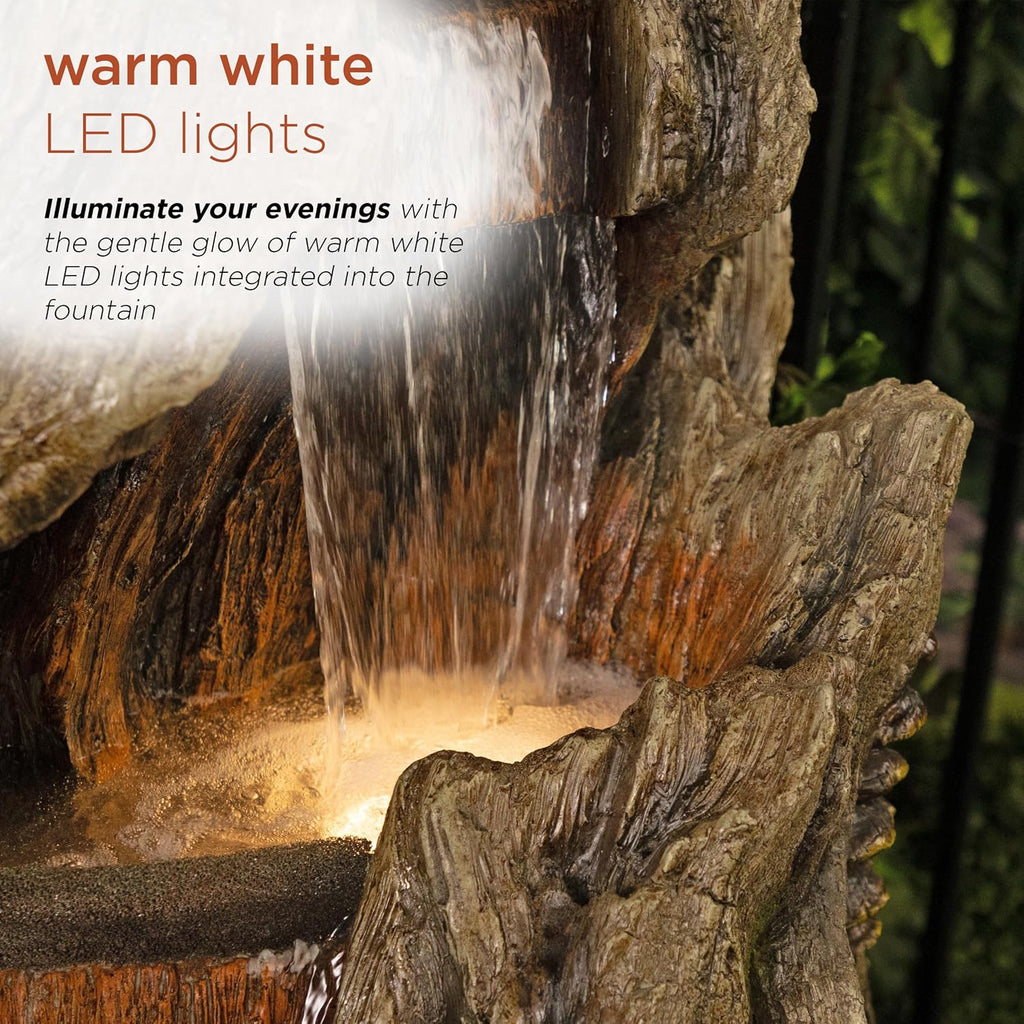 Alpine Corporation WIN1642 61' 3-Tier Log Water Fountain with Warm White LED Lights, Cascading Waterfall for Garden, Patio, & Lawn, Outdoor Water Feature