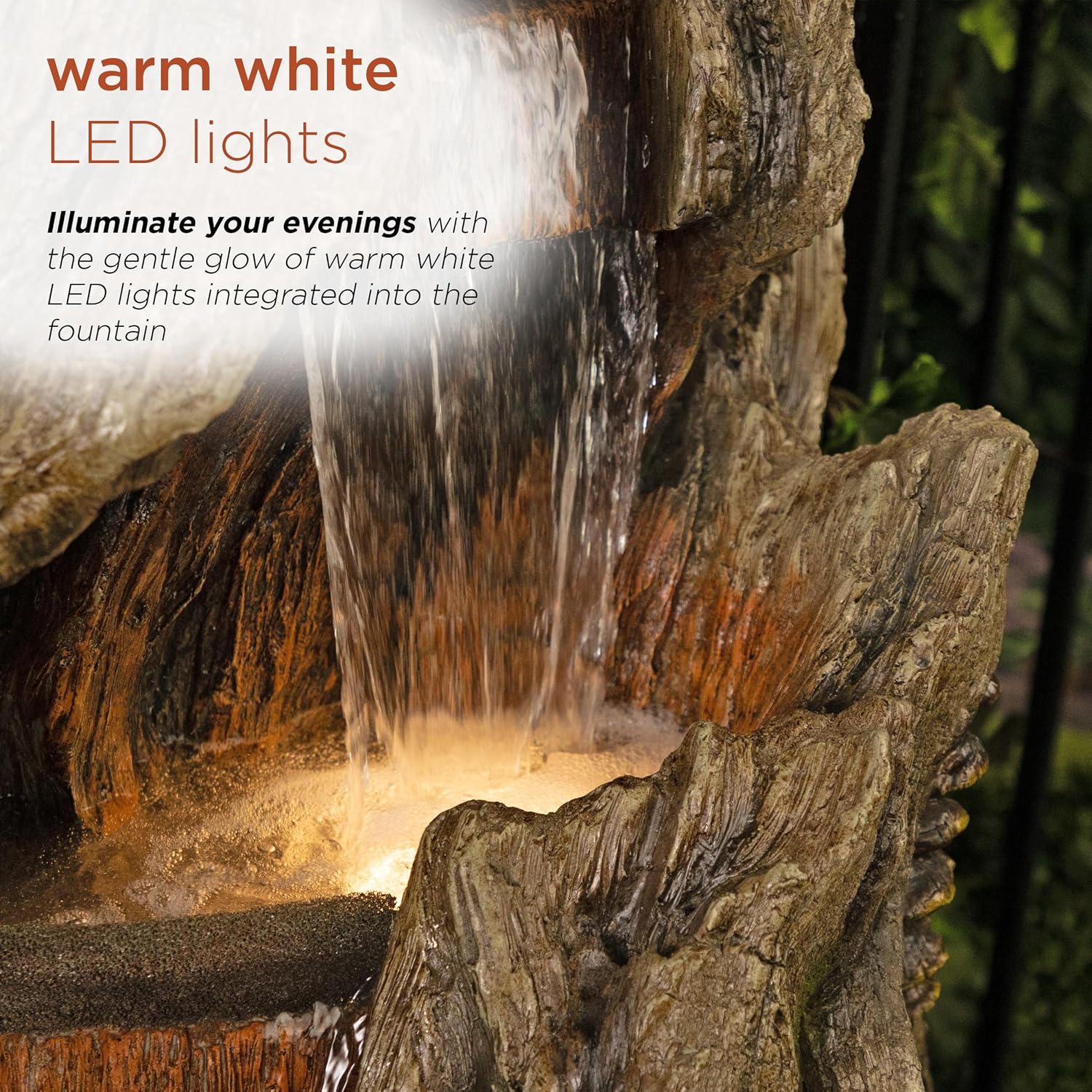 Alpine Corporation WIN1642 61' 3-Tier Log Water Fountain with Warm White LED Lights, Cascading Waterfall for Garden, Patio, & Lawn, Outdoor Water Feature