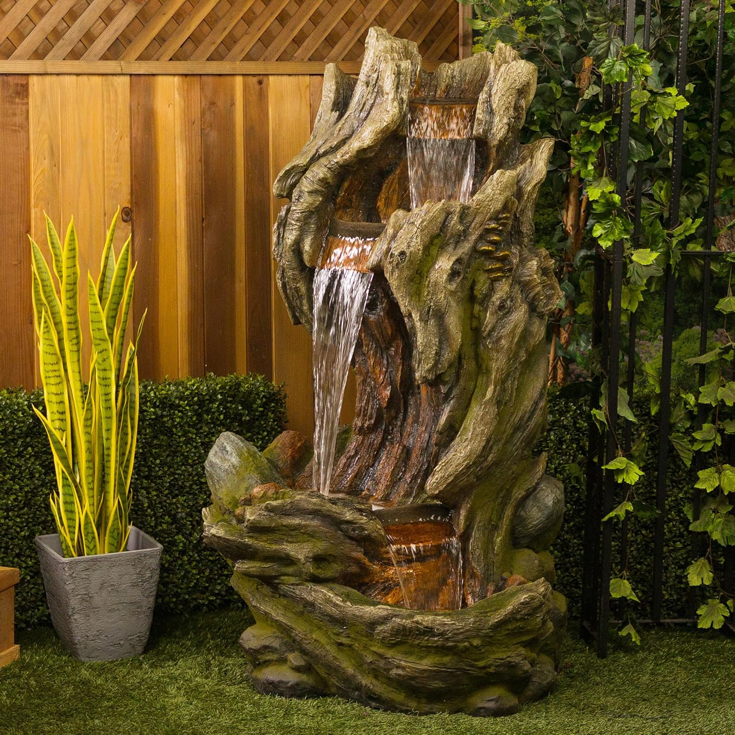 Alpine Corporation WIN1642 61' 3-Tier Log Water Fountain with Warm White LED Lights, Cascading Waterfall for Garden, Patio, & Lawn, Outdoor Water Feature