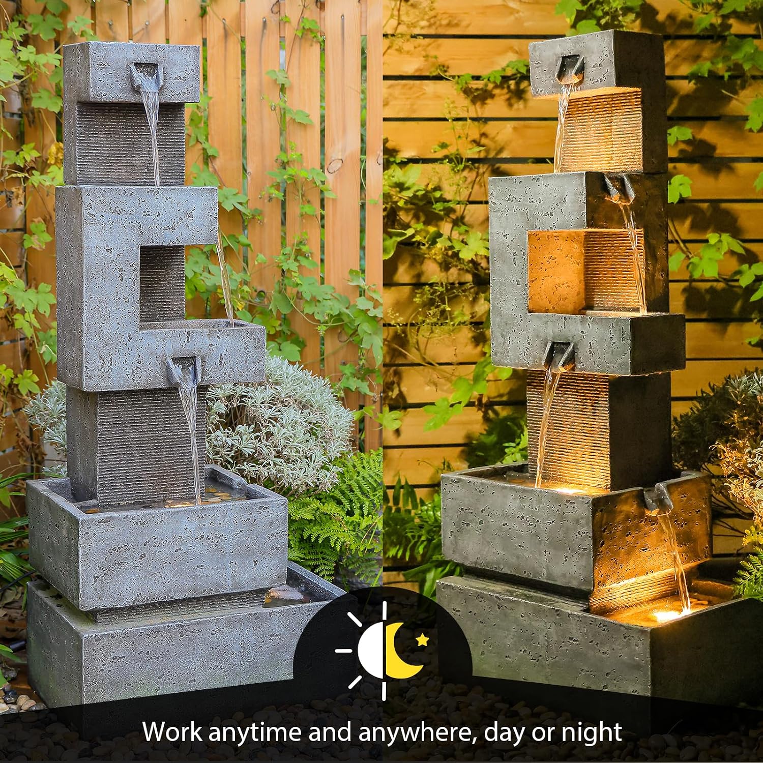 Sunlinua 48.4' H Outdoor Water Fountain with 4 Tiers Cascading Realistic Rock Waterfall Fountains with LED Lights Outdoor Water Fountain for Garden Patio Backyard Porch Home Decor
