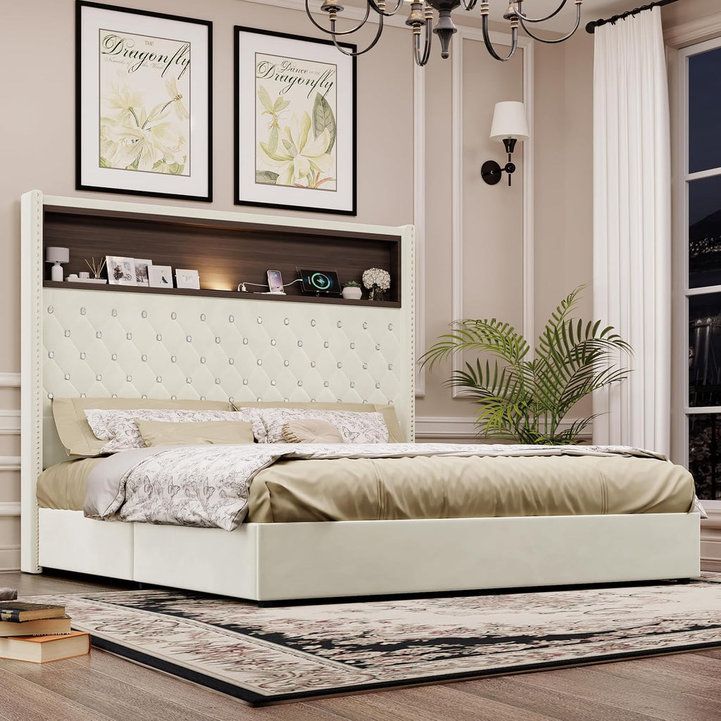 Queen Size Bed Frame with Storage, Velvet Tufted Soft Bed Frame with 52'' High Headboard with Rivet Decoration, Wing-back Platform Bed with Headboard Shelf, No Box Spring Needed (Beige,Queen,42)