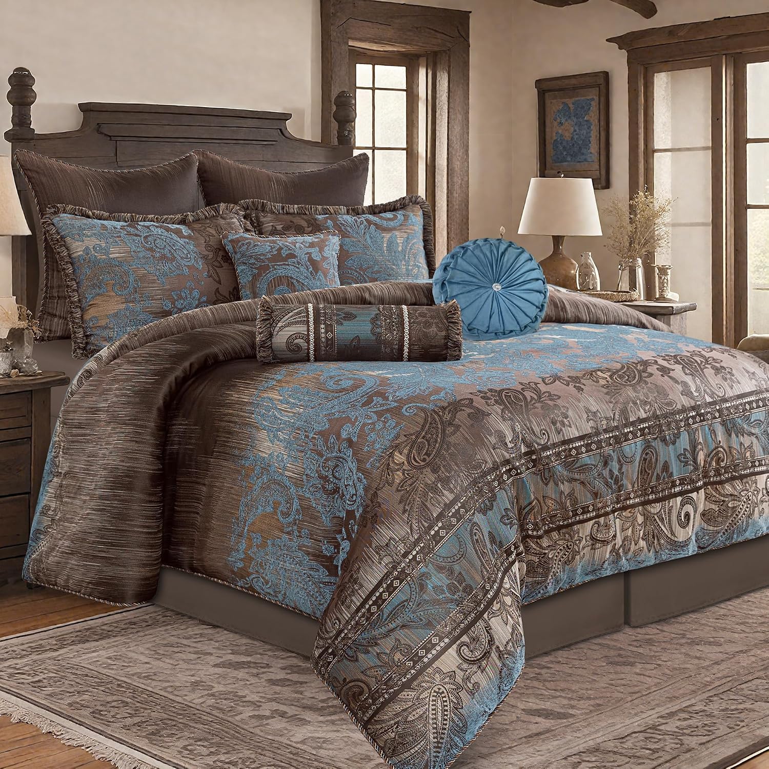 Loom and Mill 9-Piece Queen Comforter Set, Vintage Paisley Jacquard Comforter Sets Queen Size, All Season Soft Bedding Sets with Euro Shams, Bedskirt, Filled Decorative Pillow(Dark Brown+Blue, Queen)