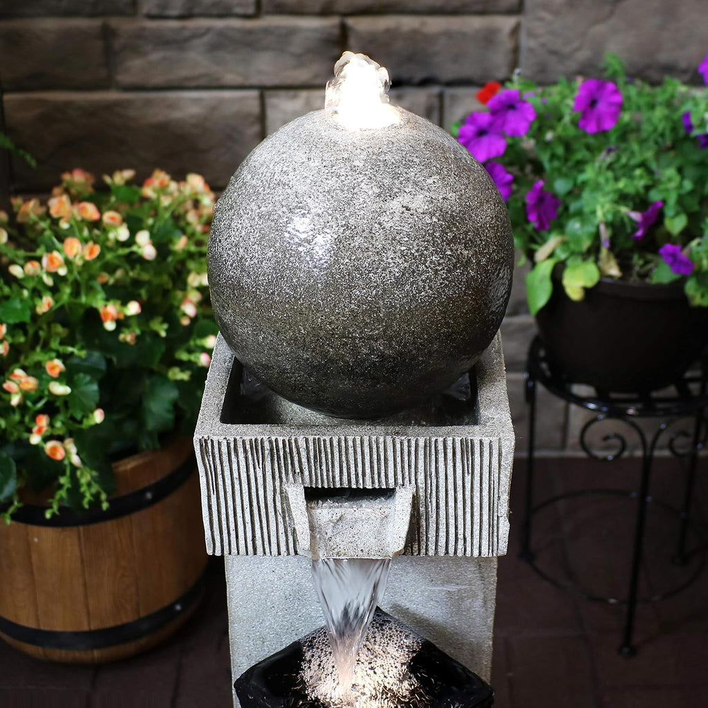 Sunnydaze Modern Artistry 35-Inch Outdoor Water Fountain - LED Lights - Electric Submersible Pump with Adjustable Flow