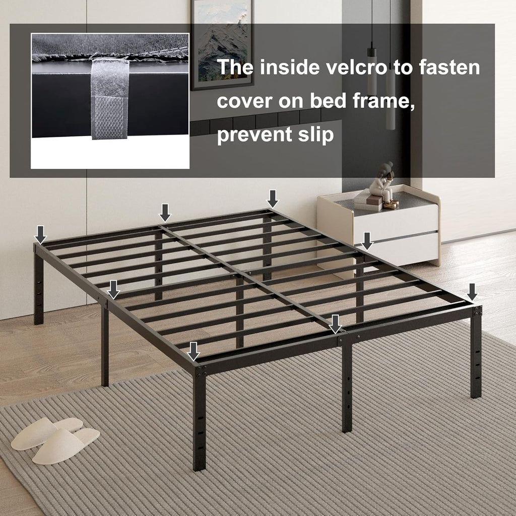 Cieemine 18 Inch California King Bed Frame with Black Bed Cover, Metal Cal King Bed Frame No Box Spring Needed, Heavy Duty Mattress Foundation, Easy Assembly, Noise Free