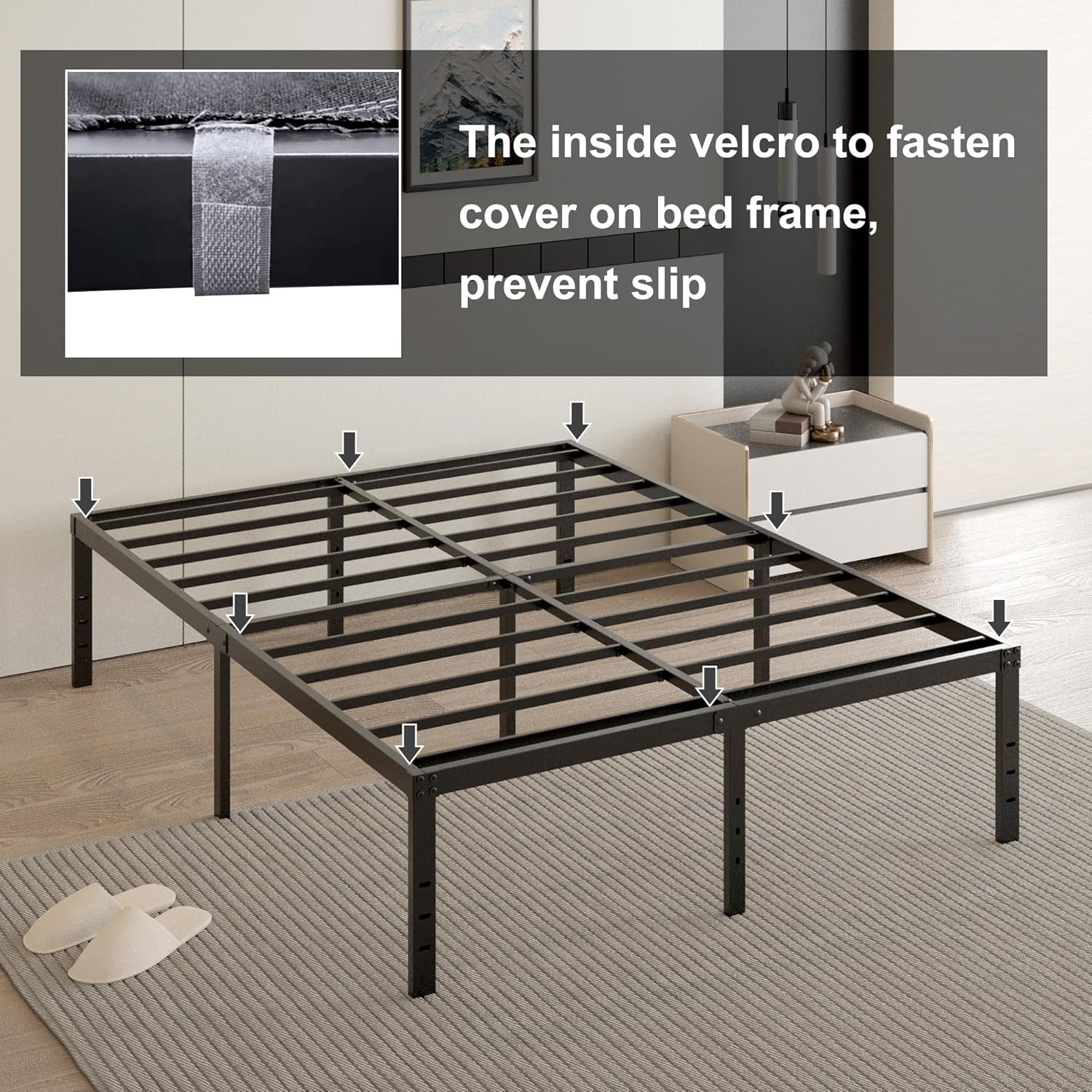 Cieemine 18 Inch California King Bed Frame with Black Bed Cover, Metal Cal King Bed Frame No Box Spring Needed, Heavy Duty Mattress Foundation, Easy Assembly, Noise Free