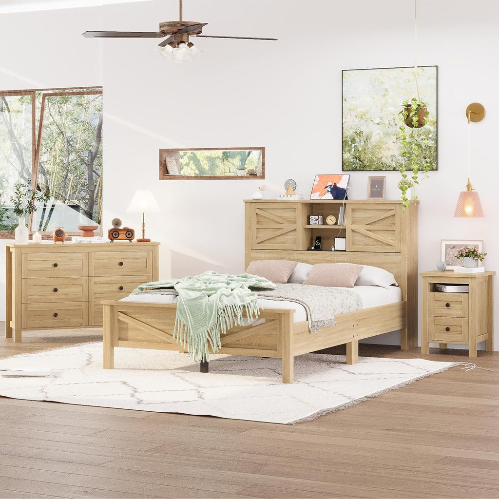 Farmhouse Bedroom Set 3 Pieces, Full Size Wood Platform Bed Frame, Nightstand and Dressing Table, Full Bedframe with Double Sliding Door Headboard and Charging Station (Natural, Full)