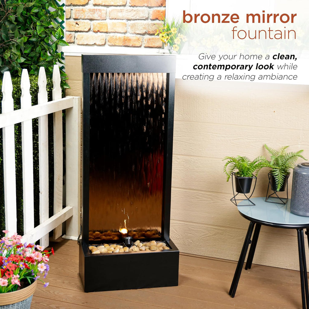 Alpine Corporation 48' Tall Indoor Modern Wall Mounted Zen Mirror Waterfall Floor Fountain with Stones and LED Lights Decor for Office, Living Room, Entryway, Bronze