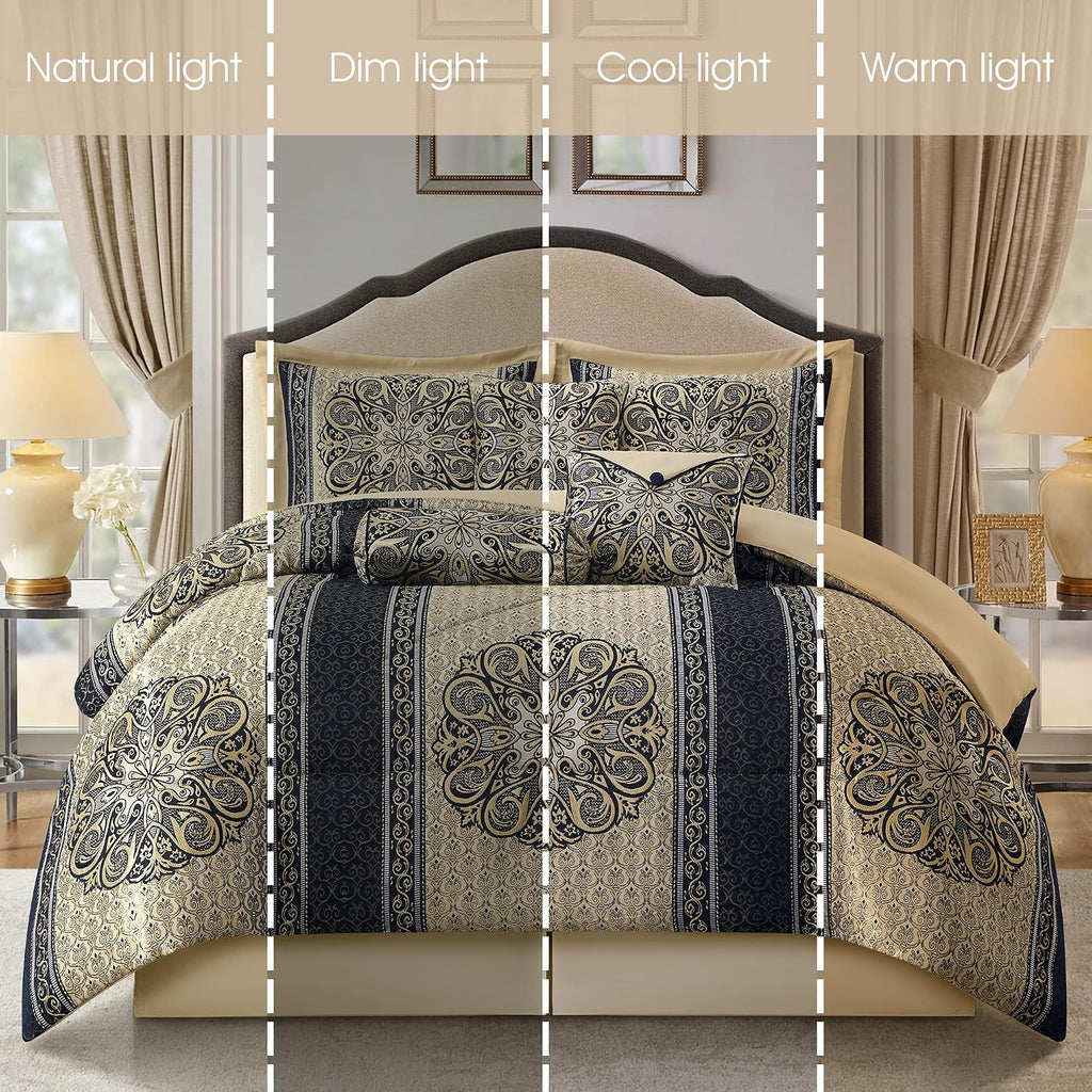 Stratford Park Medallion 7 Piece Navy Comforter Set, Queen Size Jacquard Bedding, All Season Bedding Set, Bed Skirt, Pillows & Shams