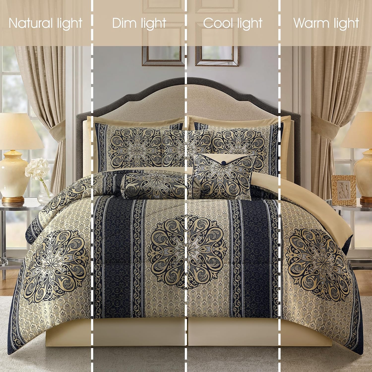Stratford Park Medallion 7 Piece Navy Comforter Set, Queen Size Jacquard Bedding, All Season Bedding Set, Bed Skirt, Pillows & Shams