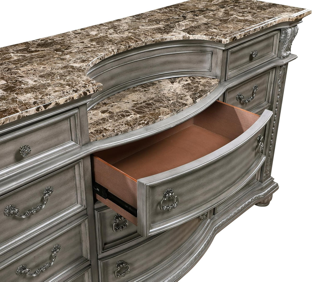 Traditional Style 5-Piece Queen Size Formal Bed Set Gray Finish Carving Wood Luxury Bedroom Furniture