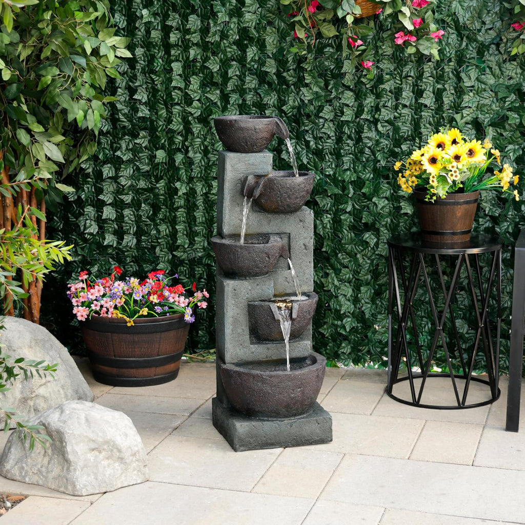 Alpine Corporation 39' Tall 5-Tier Bowls Waterfall Fountain with LED Lights, Elegant Outdoor Water Feature for Garden, Patio, Yard, Gray