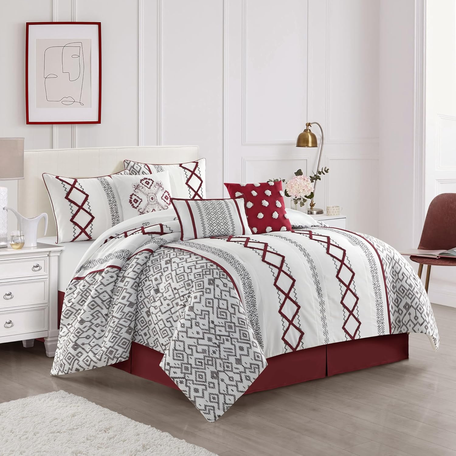 Grand Avenue White Red Comforter Set Queen Size, 7 Piece Terry Embroidery All Season Bedding Set, Bedskirt, Pillows & Shams