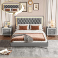 Linique 3-Pieces Bedroom Sets, Queen Size Velvet Upholstered Platform Bed Frame with LED Lights and Two Nightstands, Wooden Platform Bed with Button Tufted Headboard, Grey