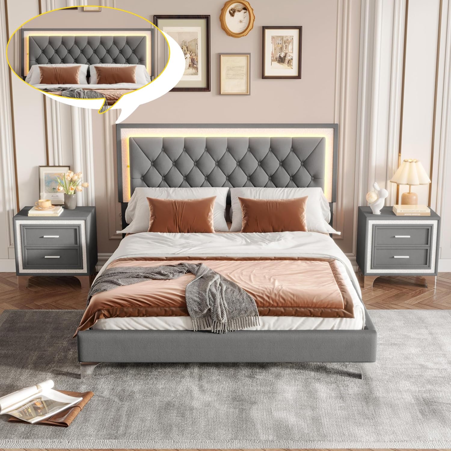 Linique 3-Pieces Bedroom Sets, Queen Size Velvet Upholstered Platform Bed Frame with LED Lights and Two Nightstands, Wooden Platform Bed with Button Tufted Headboard, Grey