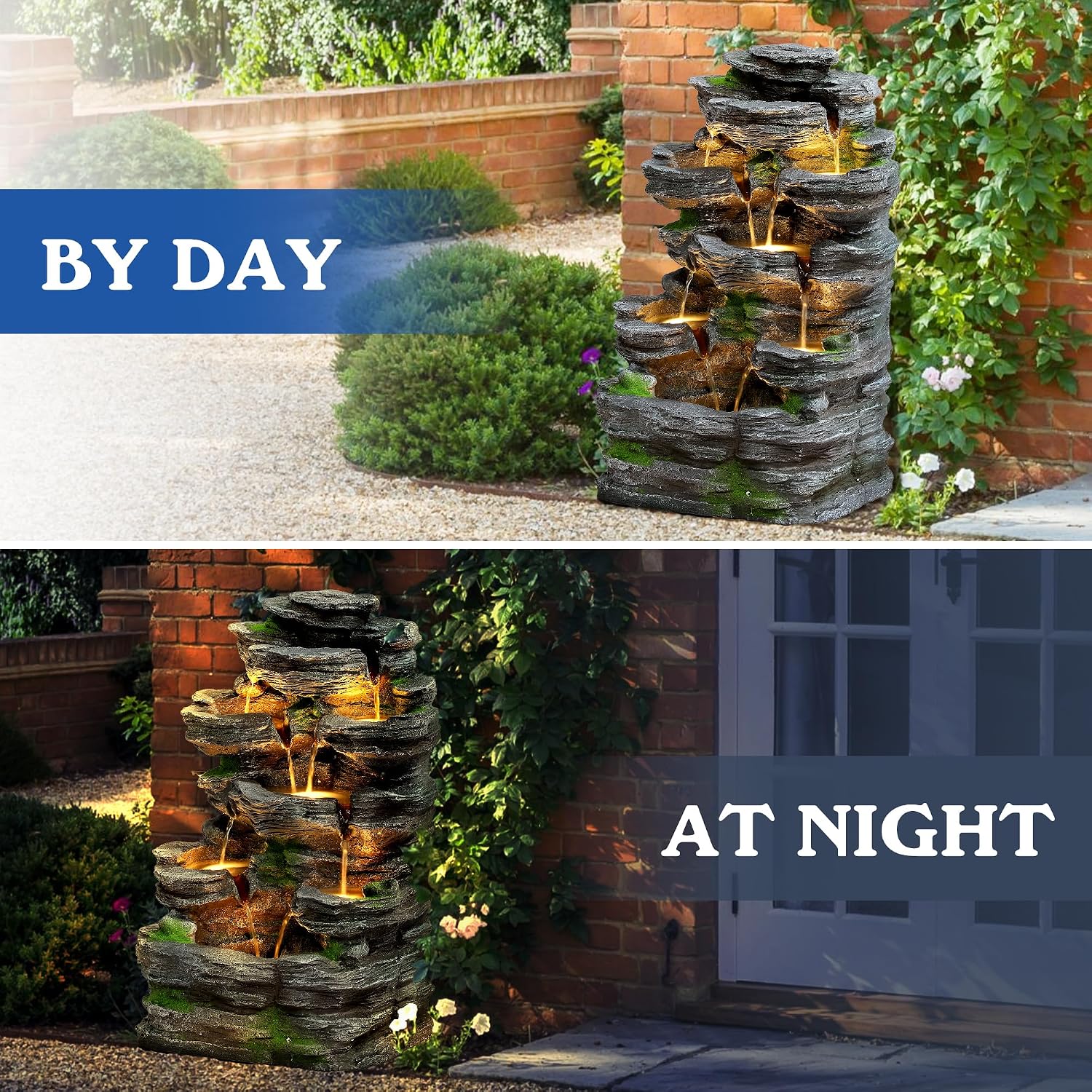 TITIMO 7-Tier Cascading Rock Water Fountain Outdoor Garden Waterfall with Lights,Fountain Indoor Decor for Garden, Patio, Backyard, Deck, Porch and Home Art Decor (24' H)