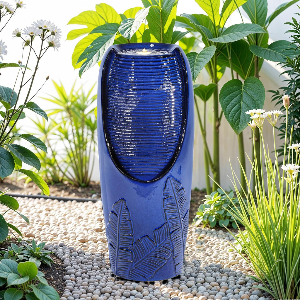 33' H Outdoor Garden Fountain with LED Lights, Modern Ceramic Jar Water Fountain, 3D Tropical Leaf Pattern, Cobalt Blue Glaze, Soothing Cascading Waterfall for Relaxing Patio, Yard, Porch