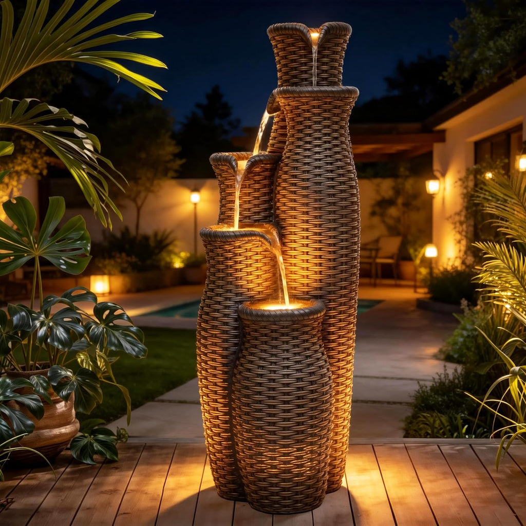Faux Rattan Vase Water Fountain Outdoor with LED Lights, 5-Tier Polyresin Cascading Waterfall Feature, Tranquil Oasis for Garden, Patio, Yard, or Porch