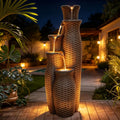 Faux Rattan Vase Water Fountain Outdoor with LED Lights, 5-Tier Polyresin Cascading Waterfall Feature, Tranquil Oasis for Garden, Patio, Yard, or Porch
