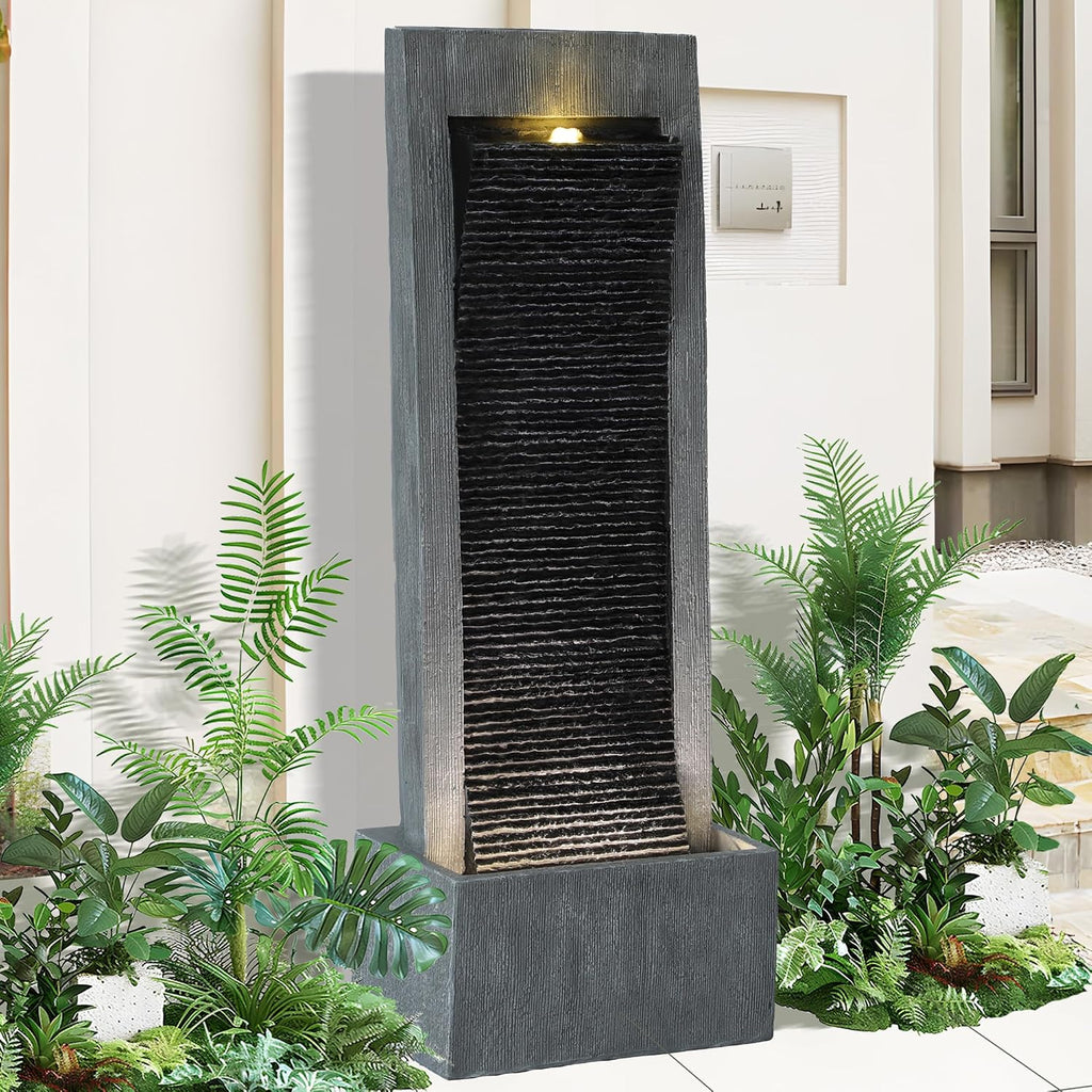 50'H Water Fountains Outdoor, Large Garden Water Fountains and Waterfalls Outside, Indoor Floor Standing Resin Fountain Features W/Pump LED Light Cobbles for Patio, Backyard, Deck, Porch, Home