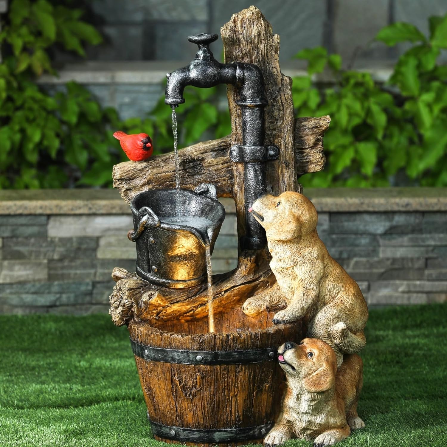 LuxenHome Water Fountain Outdoor, 30' Rustic Outdoor Water Fountain with LED Lights, Rustic Barrel Puppy and Pump Water Feature Outdoor, Garden Fountains Outdoor Patio, Porch, or Indoor Entryway