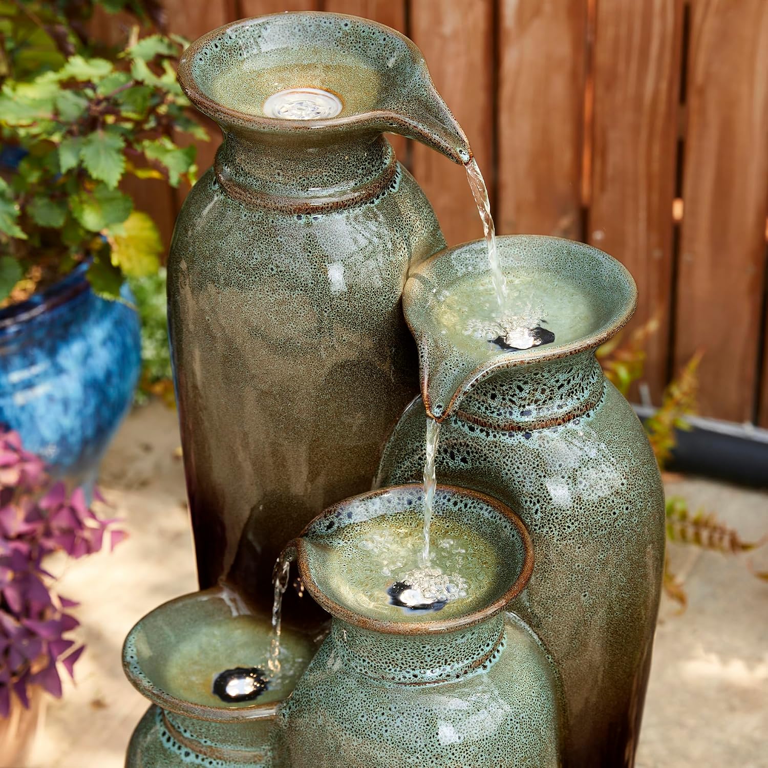 Glitzhome 30.75' H Vase Ceramic Outdoor Water Fountain with LED Lights and Pump, 4-Tier Olive Green and Brown Reactive Glaze Cascading Pots Standing Fountain for Porch Deck Garden Patio Backyard