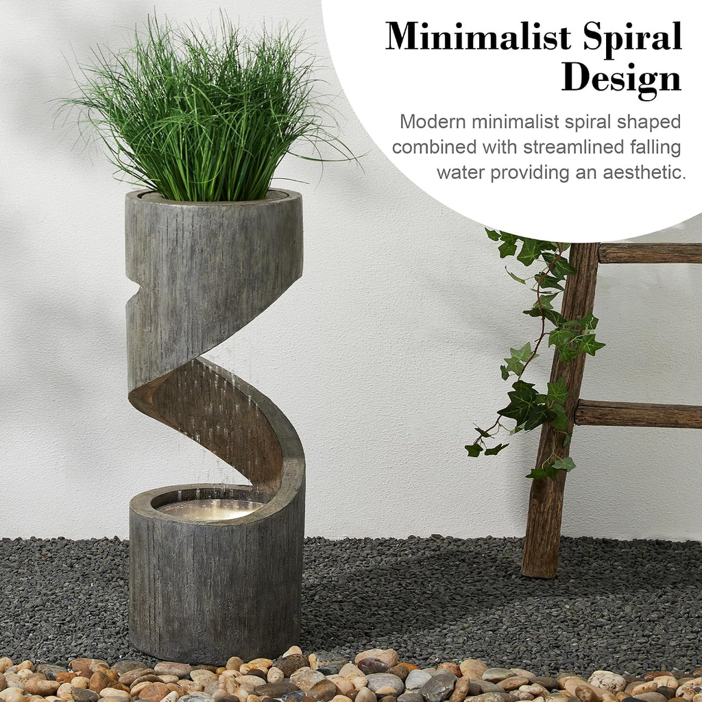 Glitzhome Outdoor Fountain with LED Light, Spiral Water Fountain Outdoor with Stone Planter, Modern Curved Waterfall Fountains Water Feature for Garden Patio, 31.3'H