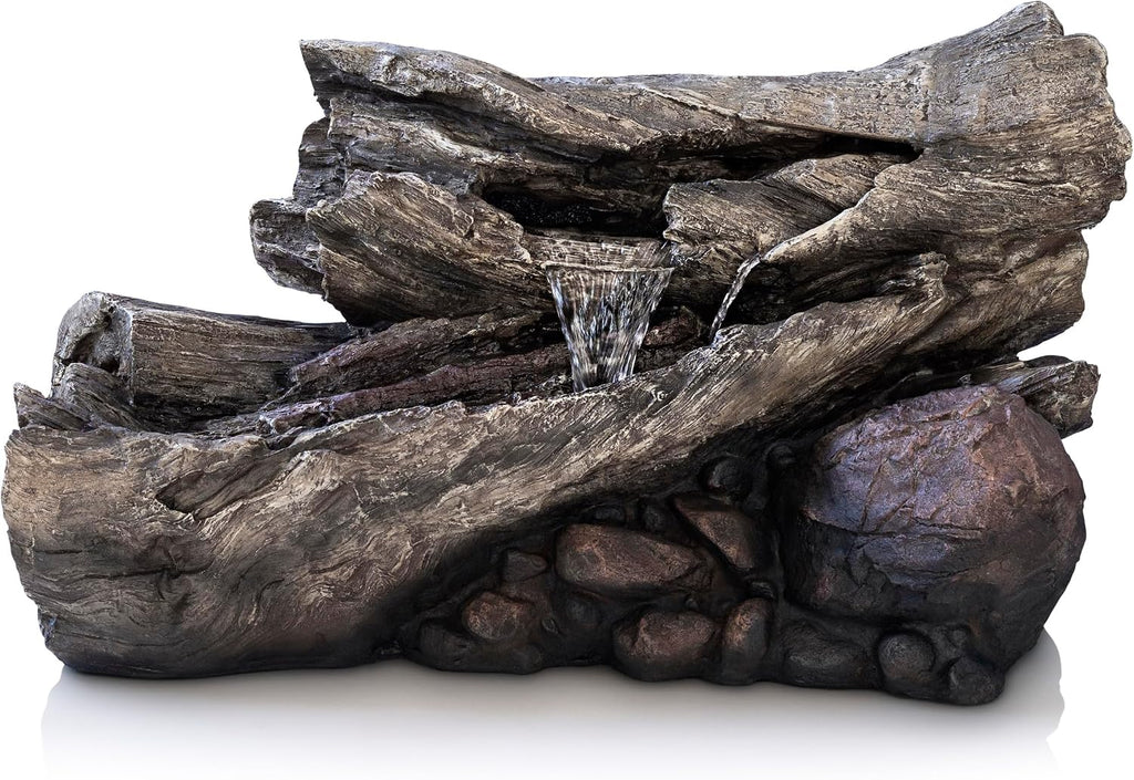 Alpine Corporation 24' Tall Outdoor 2-Tier Fallen Tree Trunk Water Fountain with LED Lights, Rustic Cascading Design for Garden, Patio & Yard Decor, Beige