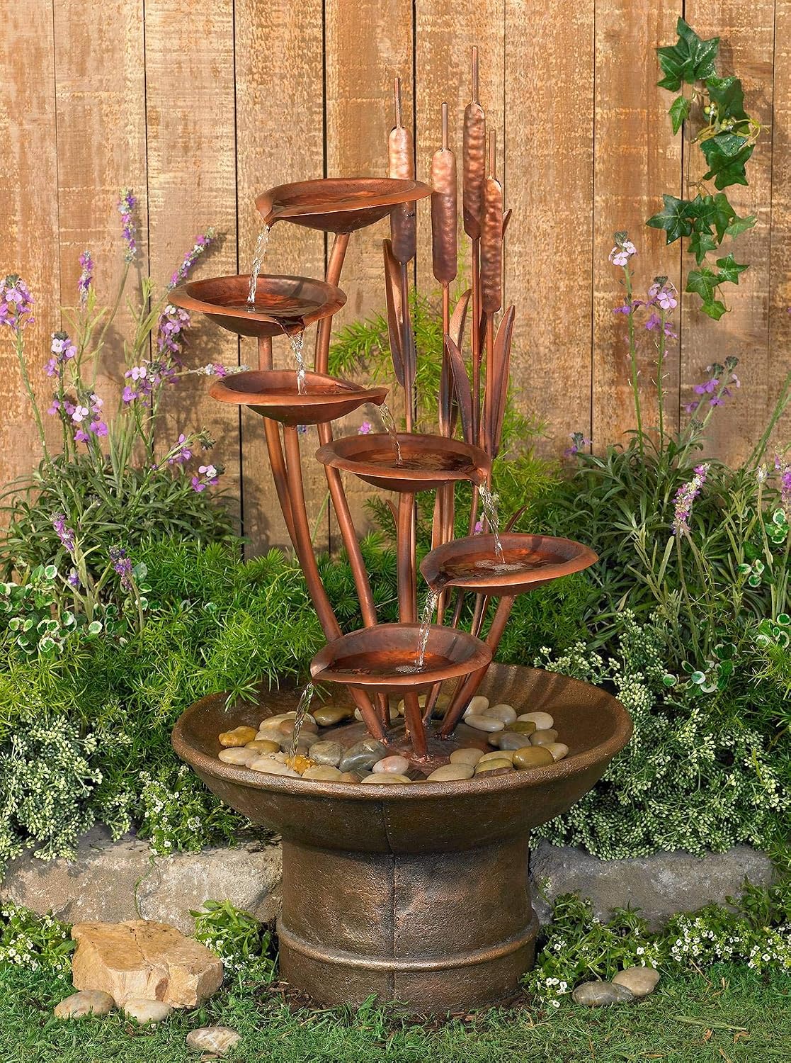 Ashton Water Lilies and Cat Tails 33' High Large Asian Indoor Outdoor Cottage Core Decor Resin Floor Fountain Standing Waterfall Tiered Water Feature for Outside Garden Patio Yard - John Timberland