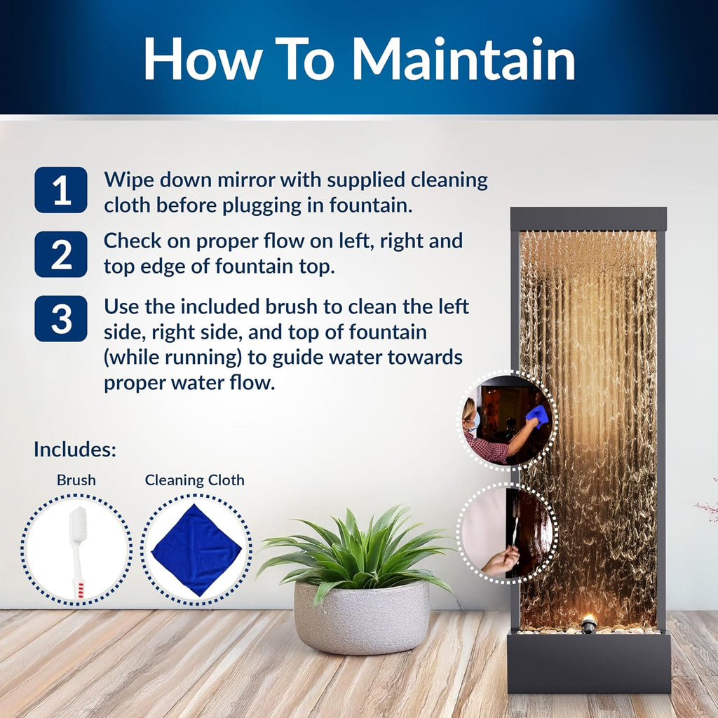 Alpine Corporation 72' Tall Indoor/Outdoor Mirror Waterfall Floor Fountain, LED Lights & River Stones, Elegant Bronze Finish for Home, Office, Patio & Entryway Decor