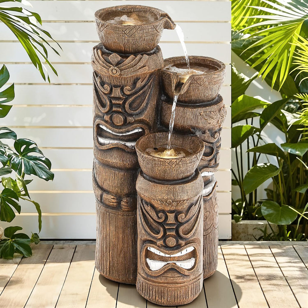 31' Outdoor Fountain, 3-Tier Tiki Head Bowl Water Feature with LED Lights, Tropical Resin Soothing Cascading Waterfall for Patio, Backyard, Garden or Porch