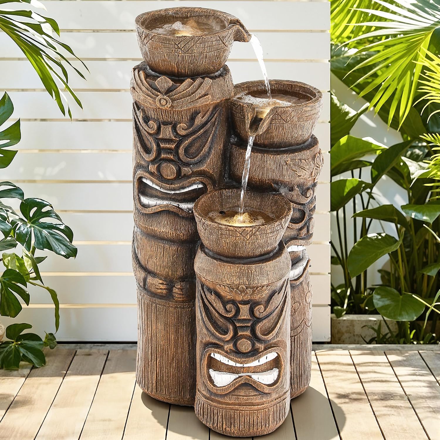 31' Outdoor Fountain, 3-Tier Tiki Head Bowl Water Feature with LED Lights, Tropical Resin Soothing Cascading Waterfall for Patio, Backyard, Garden or Porch