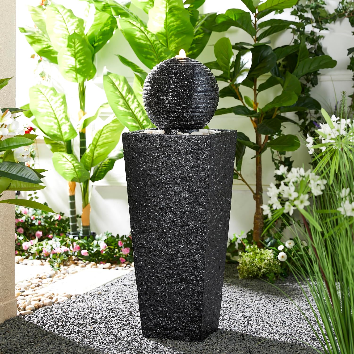 Glitzhome Outdoor Water Fountain with LED Light, Oversized Decorative Black Pedestal Water Fountains with Submersible Pump, Modern Sphere Floor Fountain with Pebbles for Garden Patio Decor, 40.25' H