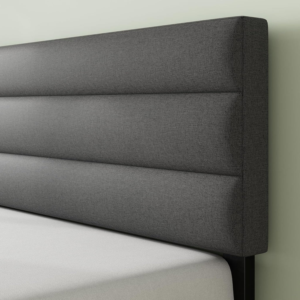 Zinus Queen Piper Upholstered Platform Bed with Horizontal Paneled Headboard, Wooden Slat Support, No Box Spring Needed, Easy Assembly, Eco Friendly Packaging, Dark Grey