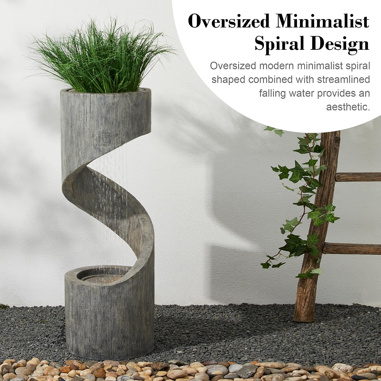 Glitzhome Outdoor Water Fountain with LED Light, Modern Spiral Tiered Outdoor Fountain with Stone Planter, Curved Freestanding Waterfall Fountains for Garden Patio Deck Porch, 40'H