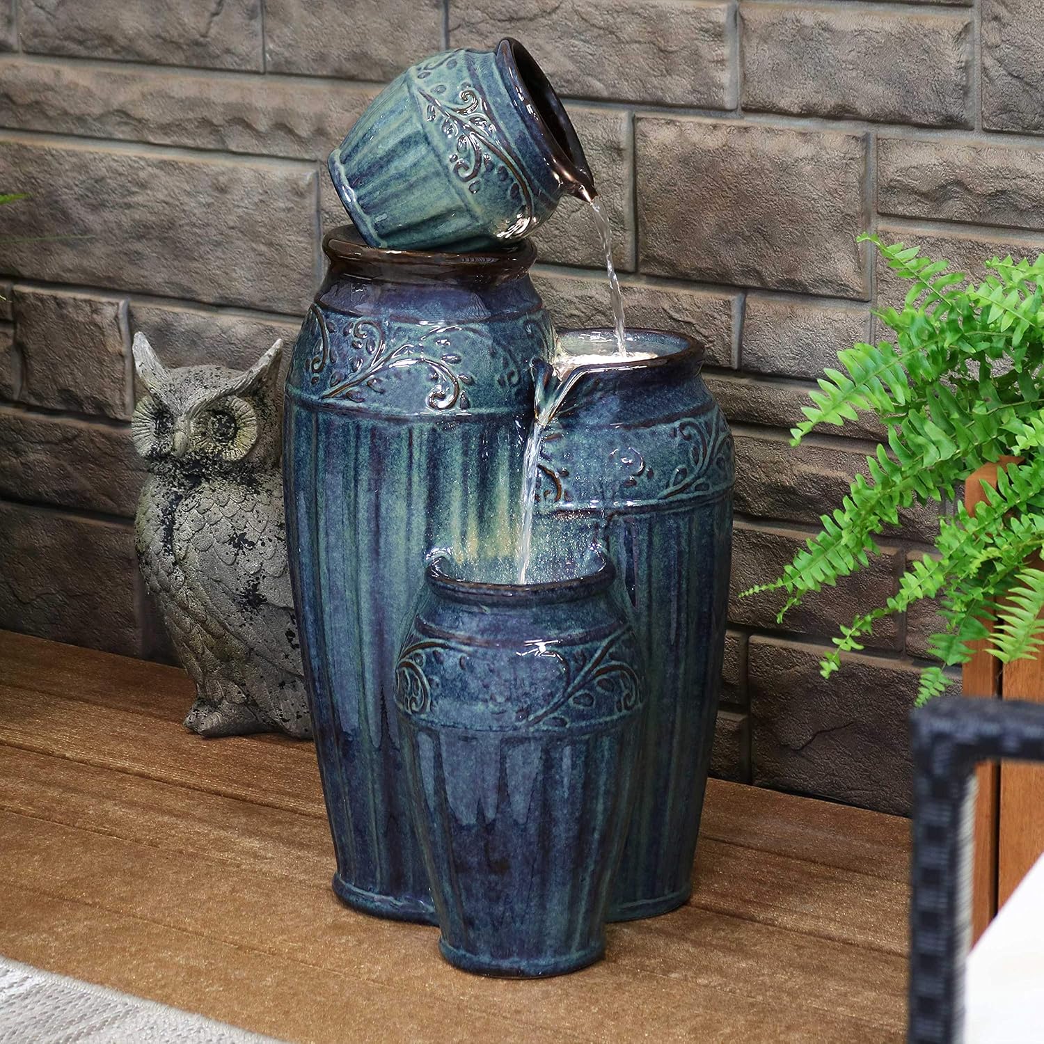 Sunnydaze Tour de Vase Ceramic 27-Inch Outdoor Water Fountain - LED Lights - Electric Submersible Pump with Adjustable Flow