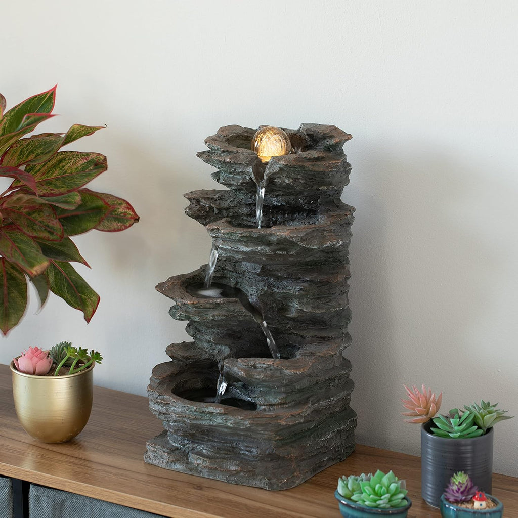 Gardenised Decorative 4 Tier Rock Look Water Fountain with LED Rolling Glow Ball for Home and Garden, Gray