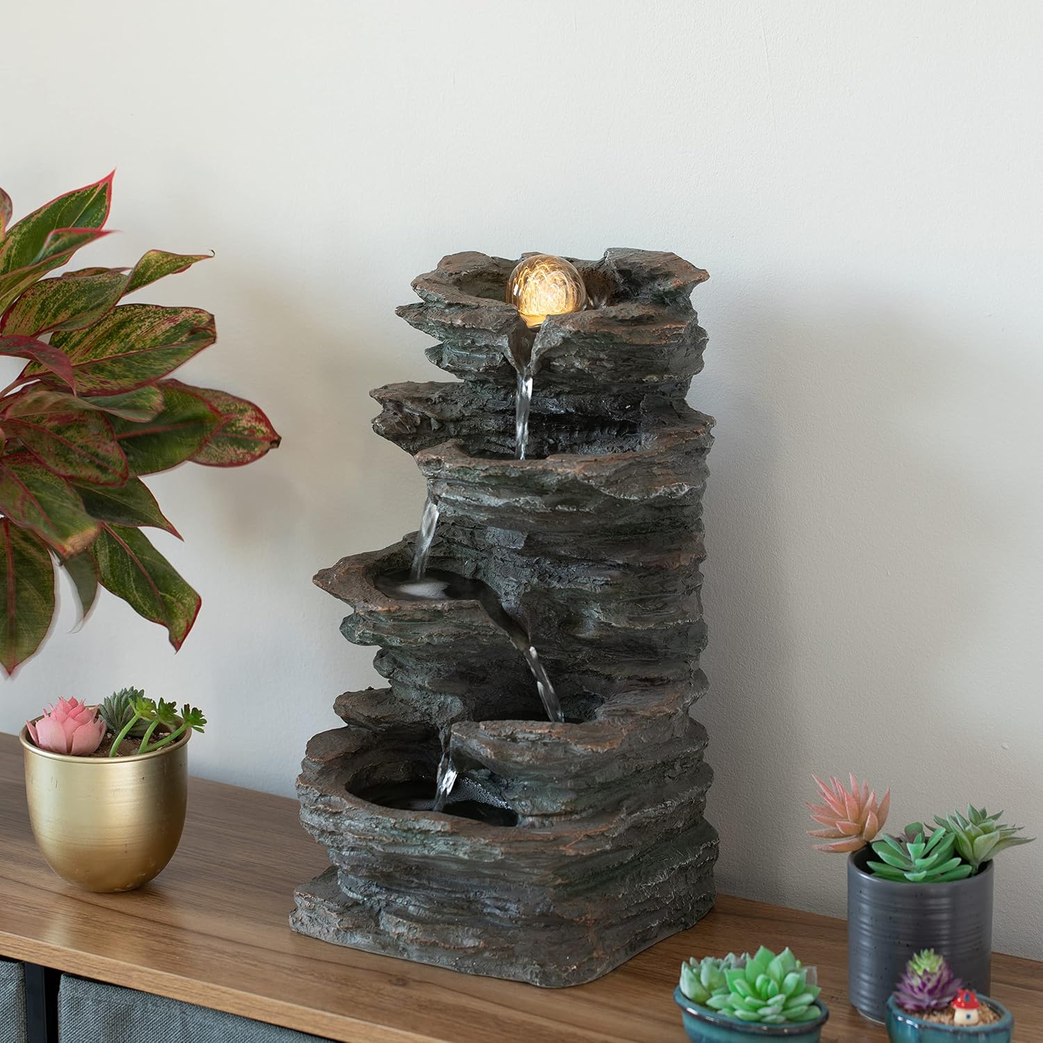 Gardenised Decorative 4 Tier Rock Look Water Fountain with LED Rolling Glow Ball for Home and Garden, Gray