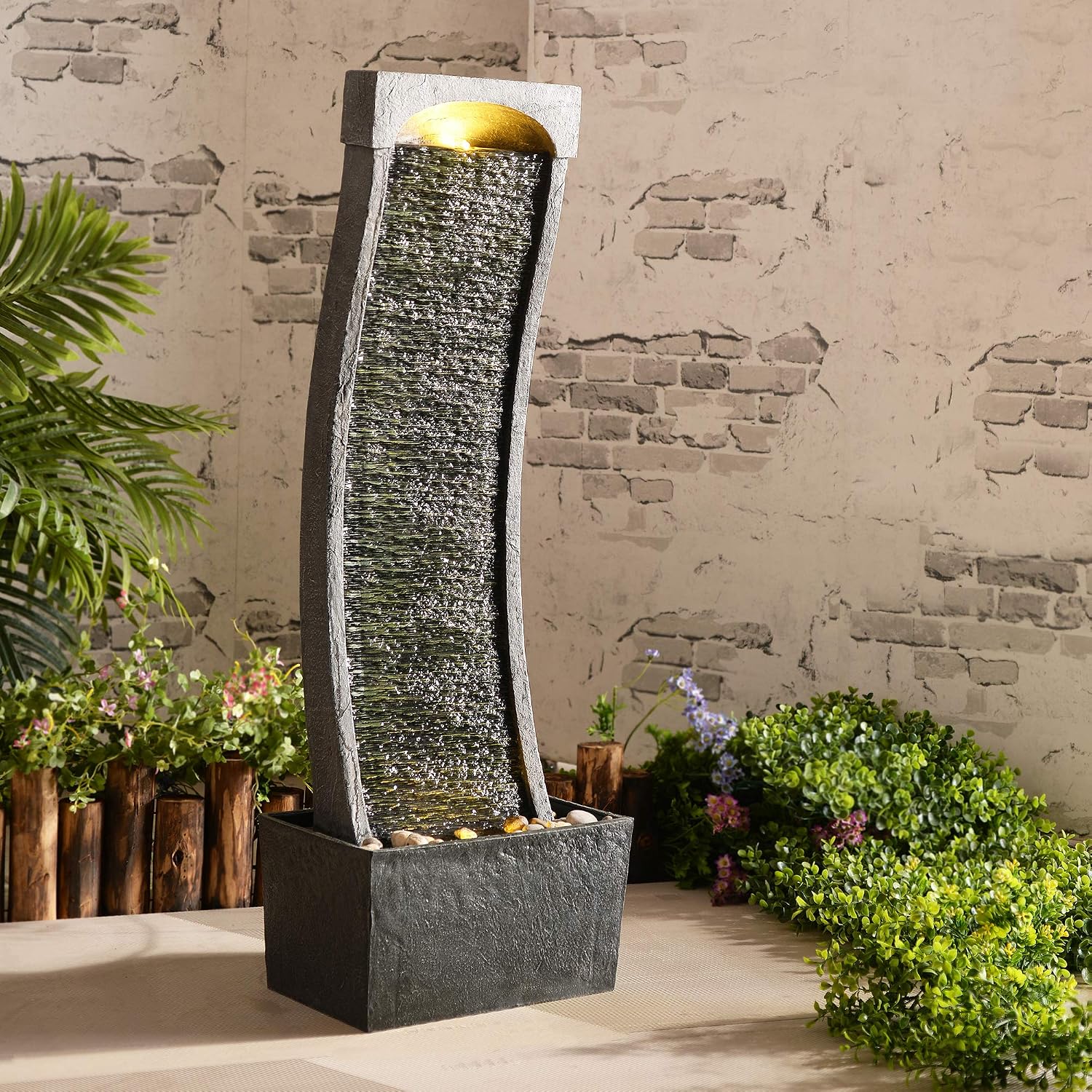 Teamson Home 38.58 in. Modern Curved Faux Slate Waterfall Fountain for Indoors or Outdoors with LED Light Accents and 1.98-Gallon Pump, Black and Stone Gray