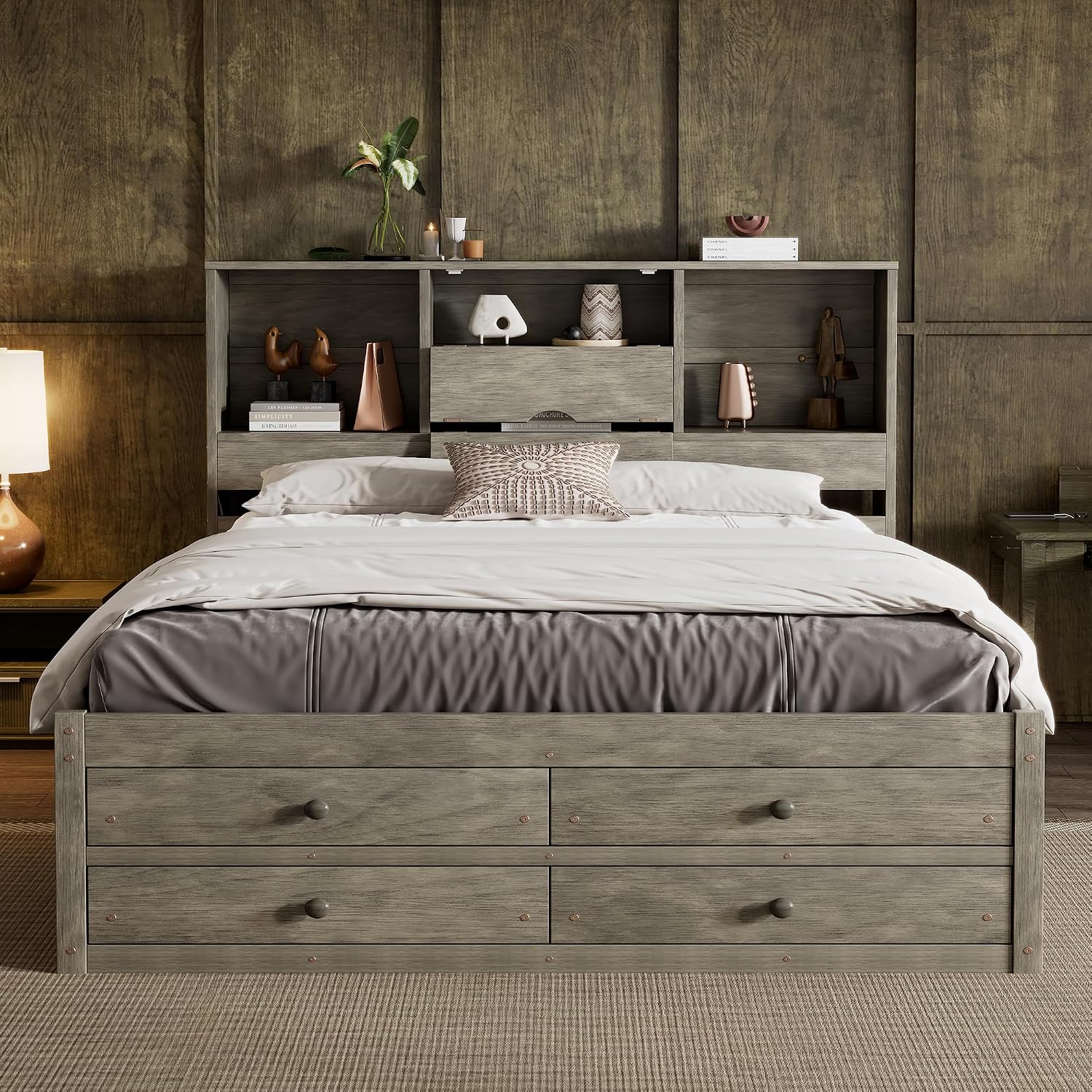 VilroCaz Wood Queen Size Platform Bed with Storage Headboard, Modern Platform Bed Captain's Bed Frame with 8 Drawers, Sturdy Slats Support, Maximize Space