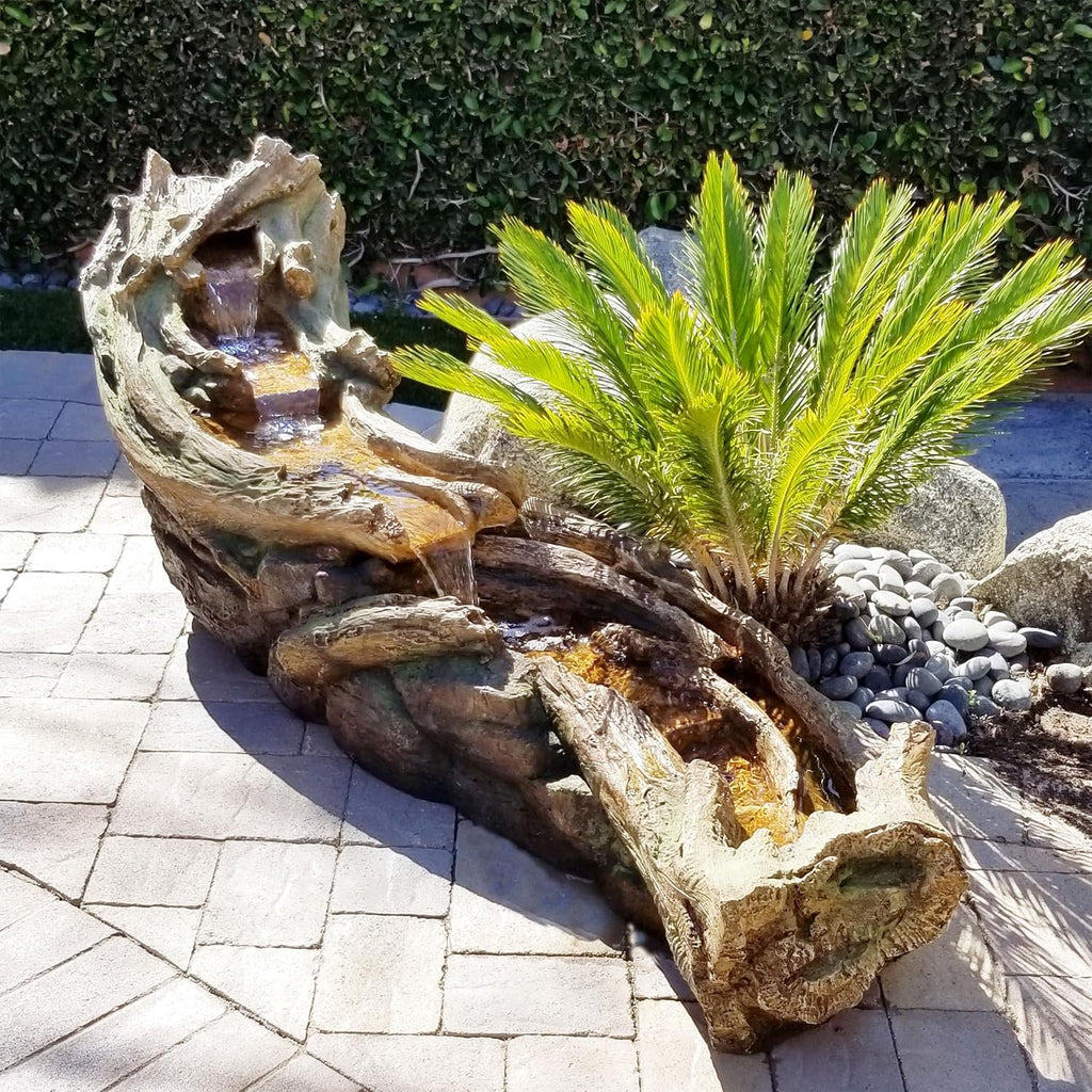 Alpine Corporation 80' Long Indoor/Outdoor Wood River Log Water Fountain with LED Lights, Cascading Natural Water Feature for Gardens, Patios, Yards, and Outdoor Decor, Brown and Gray