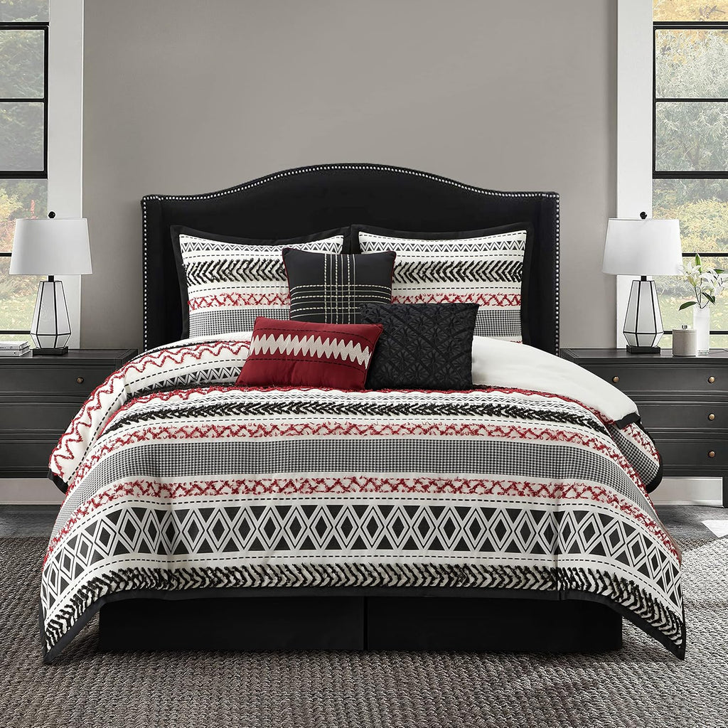 Startford Park Striped California King Comforter Set, 7 Piece,Black & Red, Jacquard & Clip Geometric All Season Premium Bedding Set