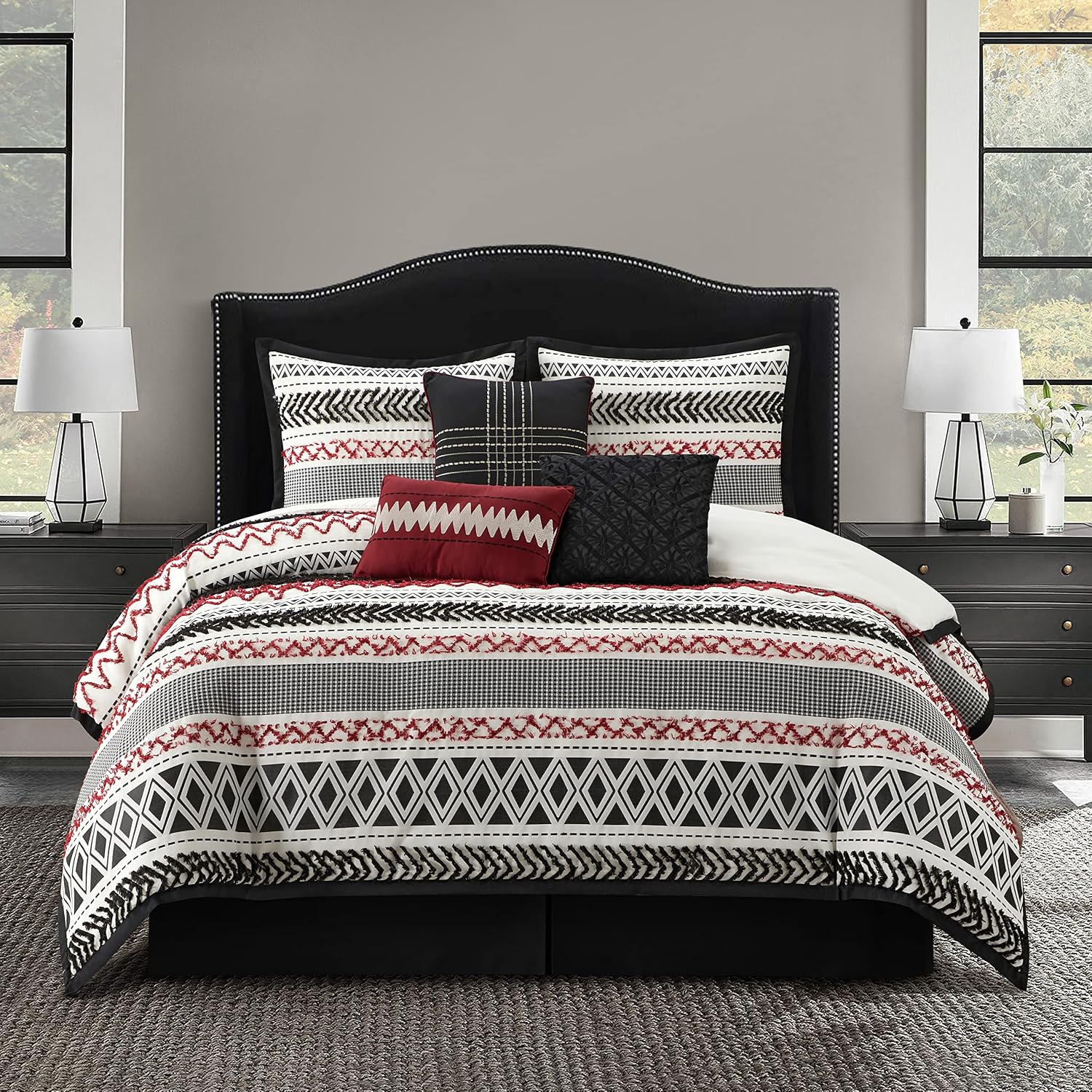 Startford Park Striped California King Comforter Set, 7 Piece,Black & Red, Jacquard & Clip Geometric All Season Premium Bedding Set