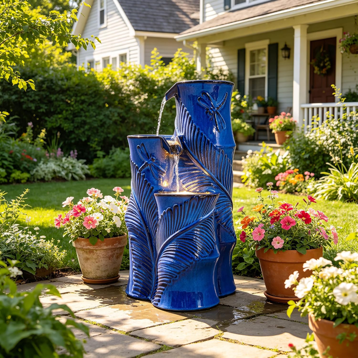 Ceramic Outdoor Water Fountain with LED Lights, 25.5' H 3-Tier Bamboo-Style Cascading Waterfall, Tropical Leaf & Dragonfly Textured Water Feature for Garden Patio Yard Relaxation Oasis