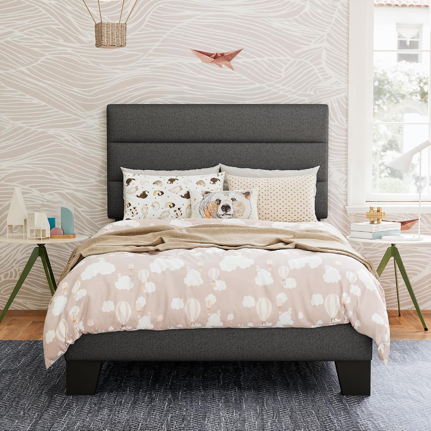 GOLDORO Twin Size Platform Bed Frame with Upholstered Headboard, Wooden Slats Support, No Box Spring Needed, Easy Assembly, Dark Grey