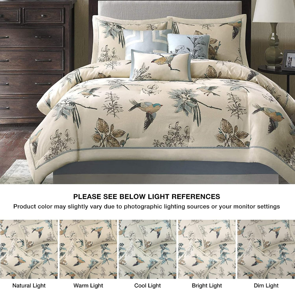 Madison Park Quincy Cozy Comforter Nature Scenery Design - All Season Bedding, Matching Bed Skirt, Decorative Pillows, Quincy, Leaf & Bird Khaki King(104'x92') 7 Piece