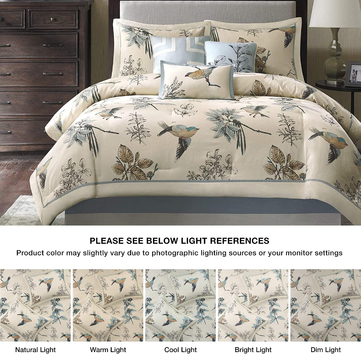 Madison Park Quincy Cozy Comforter Nature Scenery Design - All Season Bedding, Matching Bed Skirt, Decorative Pillows, Quincy, Leaf & Bird Khaki King(104'x92') 7 Piece