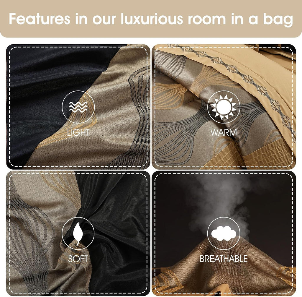 Grand Avenue Elegant Black and Gold Comforter Set King Size, Striped,15 Piece Room-in-A-Bag, Jacquard Bedding Set, All Season, Matching Decorative Pillows, Pillow Sham, Curtains