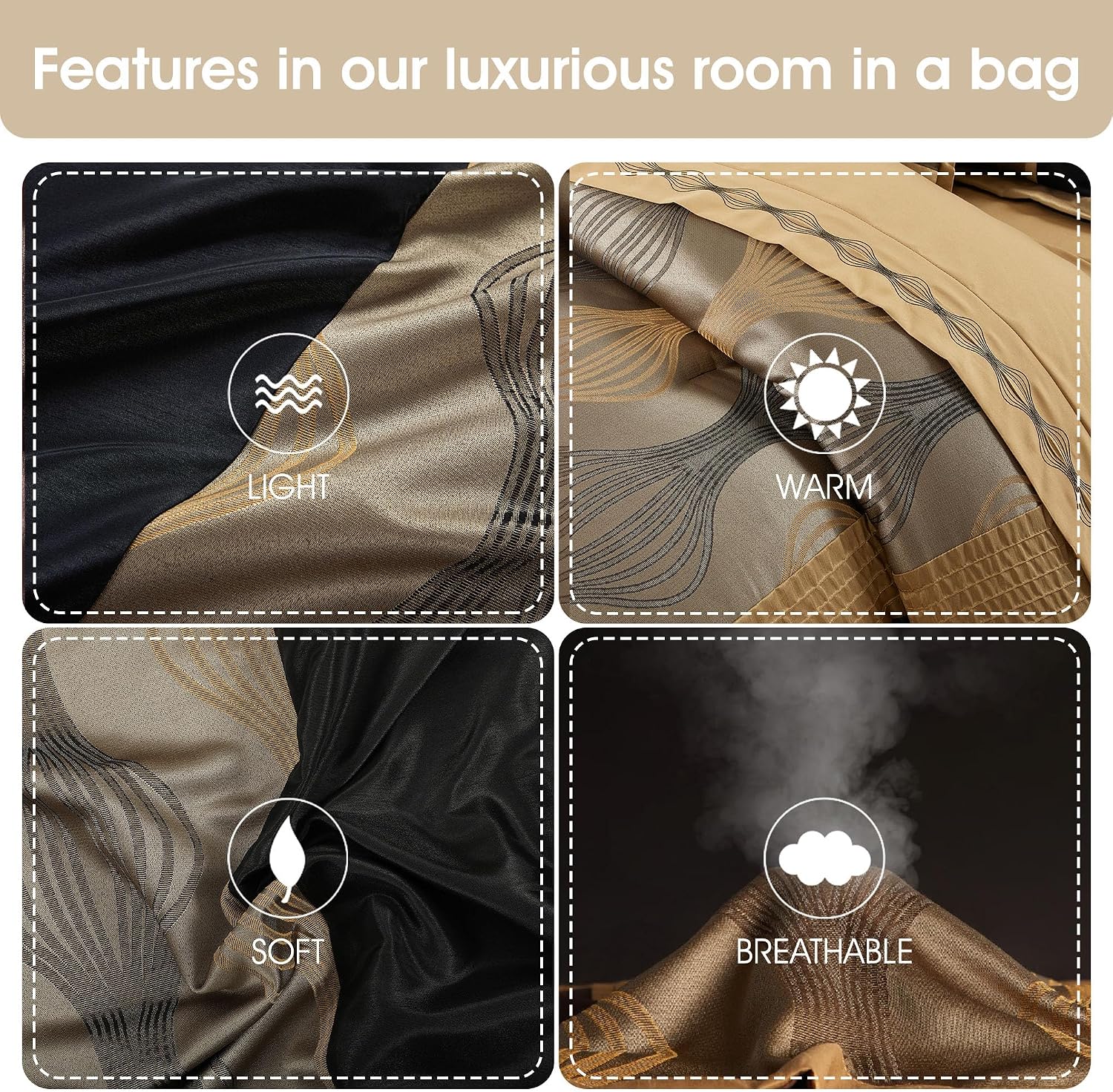 Grand Avenue Elegant Black and Gold Comforter Set Califirnia King Size, Striped,15 Piece Room-in-A-Bag, Jacquard Bedding Set, All Season, Matching Decorative Pillows, Pillow Sham, Curtains