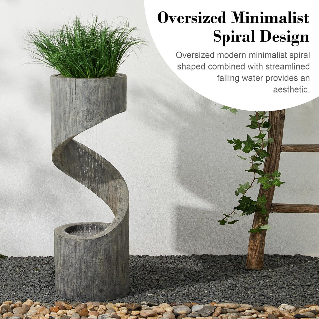 Glitzhome Outdoor Fountain with LED Light, Oversized Spiral Water Fountain Outdoor with Stone Planter, Modern Curved Waterfall Fountains Water Feature for Garden Patio, 40'H