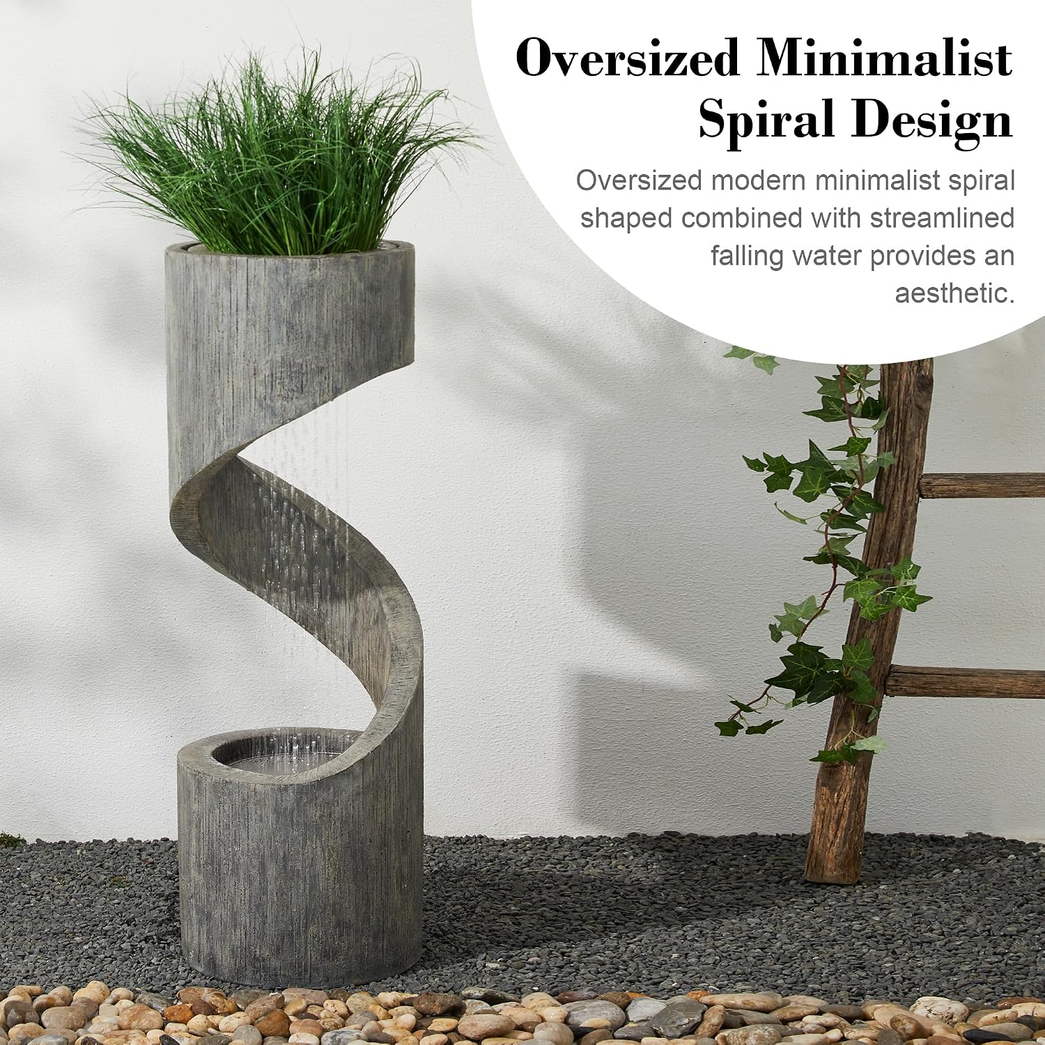 Glitzhome Outdoor Fountain with LED Light, Oversized Spiral Water Fountain Outdoor with Stone Planter, Modern Curved Waterfall Fountains Water Feature for Garden Patio, 40'H